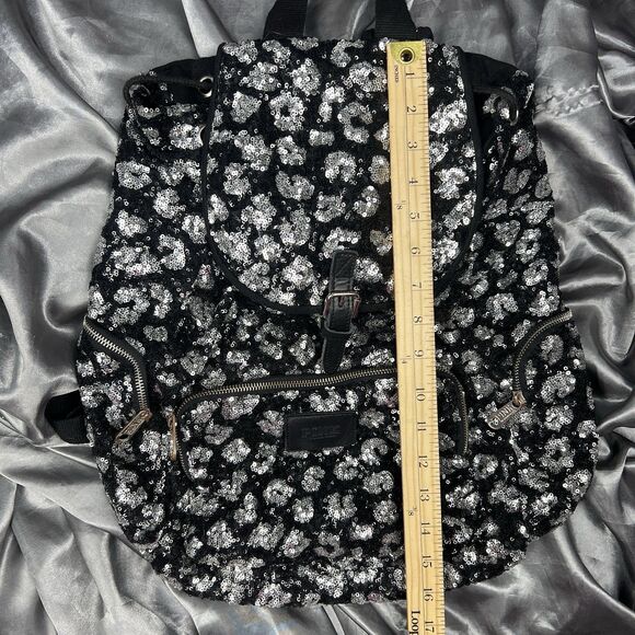 Victoria\'s Secret PINK Drawstring Silver Sequin Bling Large Backpack Pockets Y2K